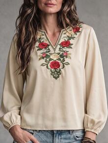 Hansera Floral Embroidered Notch V-Neck Long Sleeve Blouse For Middle-Aged And Elderly Women - Apricot - View 3