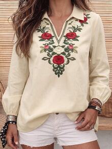 Hansera Floral Embroidered Notch V-Neck Long Sleeve Blouse For Middle-Aged And Elderly Women - Apricot - View 7