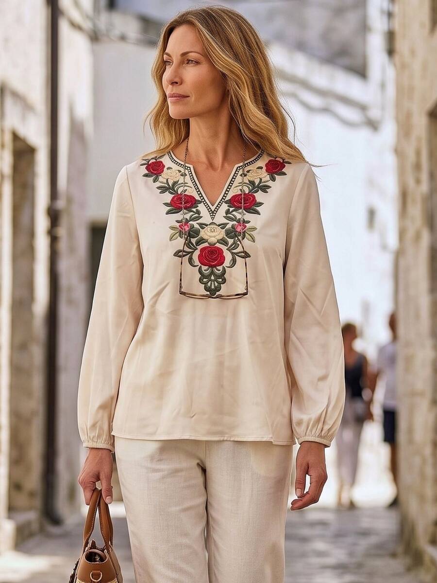 Hansera Floral Embroidered Notch V-Neck Long Sleeve Blouse For Middle-Aged And Elderly Women - Apricot - View 1