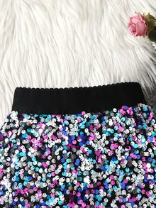 SHEIN 女童彈性腰圍全亮片裝飾時尚裙 - 彩色 - 查看 4