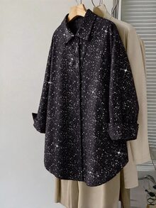 SHEIN LUNE 大尺碼女款新年穿搭 秋季服飾 休閒優雅 星空元素 日常穿著 外出 夜生活 派對 正式場合 夜店 黑色 - 黑色 - 查看 6