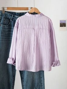 SHEIN 青少年女孩秋季上衣 粉色騎士圖案條紋長袖鈕扣休閒刺繡紫色梭織輕便透氣外套衣物 - 粉色 - 查看 2