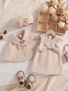 SHEIN Baby Girl Solid Color Bow Decor Shawl & Sleeveless Dress With Hat Cute Outfit - Pink - View 11