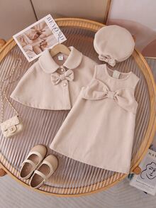SHEIN Baby Girl Solid Color Bow Decor Shawl & Sleeveless Dress With Hat Cute Outfit - Pink - View 7
