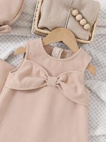 SHEIN Baby Girl Solid Color Bow Decor Shawl & Sleeveless Dress With Hat Cute Outfit - Pink - View 6