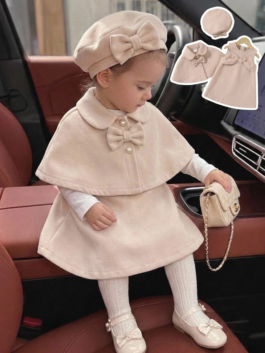 SHEIN Baby Girl Solid Color Bow Decor Shawl & Sleeveless Dress With Hat Cute Outfit - Pink - View 1