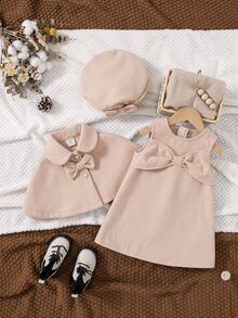 SHEIN Baby Girl Solid Color Bow Decor Shawl & Sleeveless Dress With Hat Cute Outfit - Pink - View 3