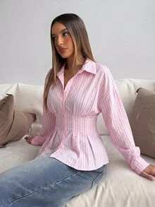 Aloruh 女款秋冬新款純色粉色休閒商務鬆身長版收腰百褶立領長袖襯衫 - 淺粉色 - 查看 5
