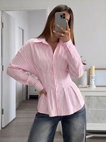 Aloruh 女款秋冬新款純色粉色休閒商務鬆身長版收腰百褶立領長袖襯衫 - 淺粉色 - 查看 4
