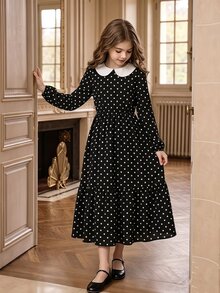 SHEIN 8-12歲女童花卉長袖服飾，萬聖節套裝，秋季風格，美國節慶家庭穿搭，黑白波點復古可愛款 - 黑色 - 查看 3