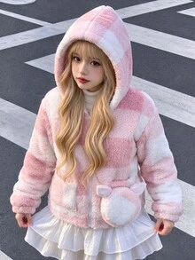 SHEIN 青少年女孩長袖抓絨秋季服飾 水牛格紋落肩連帽泰迪外套附口袋 - 粉色 - 查看 2