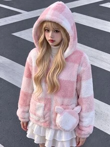 SHEIN 青少年女孩長袖抓絨秋季服飾 水牛格紋落肩連帽泰迪外套附口袋 - 粉色 - 查看 4