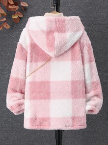 SHEIN 青少年女孩長袖抓絨秋季服飾 水牛格紋落肩連帽泰迪外套附口袋 - 粉色 - 查看 3