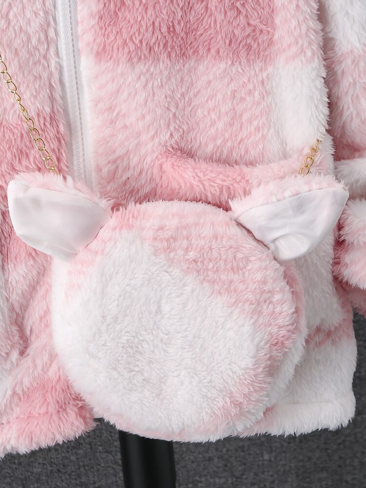 SHEIN Tween Girl Long Sleeve Fleece Fall Clothes Buffalo Plaid Pattern Drop Shoulder Hooded Teddy Coat With Bag Autumn Fall - Pink - View 6