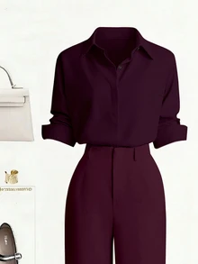 SHEIN Franclia New Button-Up Solid Color Shirt And Straight Leg Casual Pants Set - Burgundy - View 5