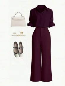 SHEIN Franclia New Button-Up Solid Color Shirt And Straight Leg Casual Pants Set - Burgundy - View 1
