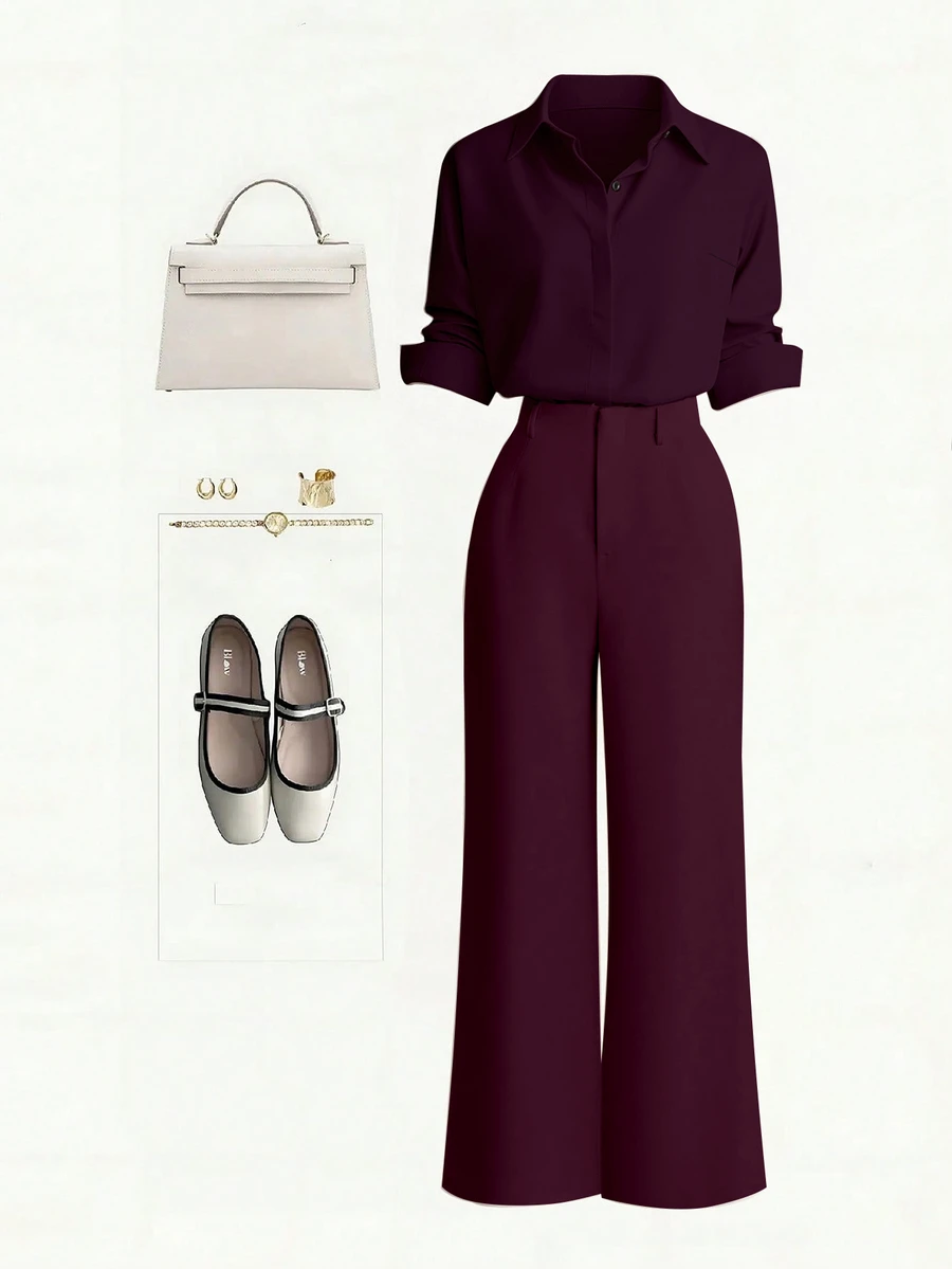 SHEIN Franclia New Button-Up Solid Color Shirt And Straight Leg Casual Pants Set - Burgundy - View 1
