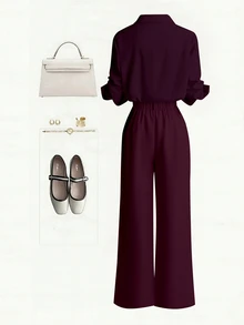 SHEIN Franclia New Button-Up Solid Color Shirt And Straight Leg Casual Pants Set - Burgundy - View 2