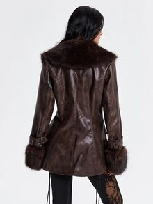 ROMWE Jaket Panjang Sedang Motif Kulit Patchwork Vintage Y2K Musim Gugur/Dingin - Coklat - View 8