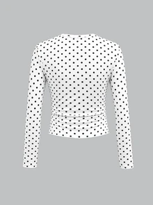 SHEIN Tween女孩針織輕便灰色下擺對比蕾絲休閒長袖T恤 - 白色 - 查看 5