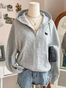 SHEIN Teen Girls' Cute Baggy Fall Regular-Fit Korean-Style Open-Front Sweatshirt Jacket Back-To-School Sixth Form Gray Blue Graduation Holiday - Grey - View 1