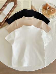 SHEIN Kids 3pcs Tween Boy Solid Color Knit Short Sleeve Top, Casual & Comfortable Suitable For Spring/Summer , Daily Wear, Sports, Outings, School, Parties, Festivals, Photoshoots - Multicolor - View 2