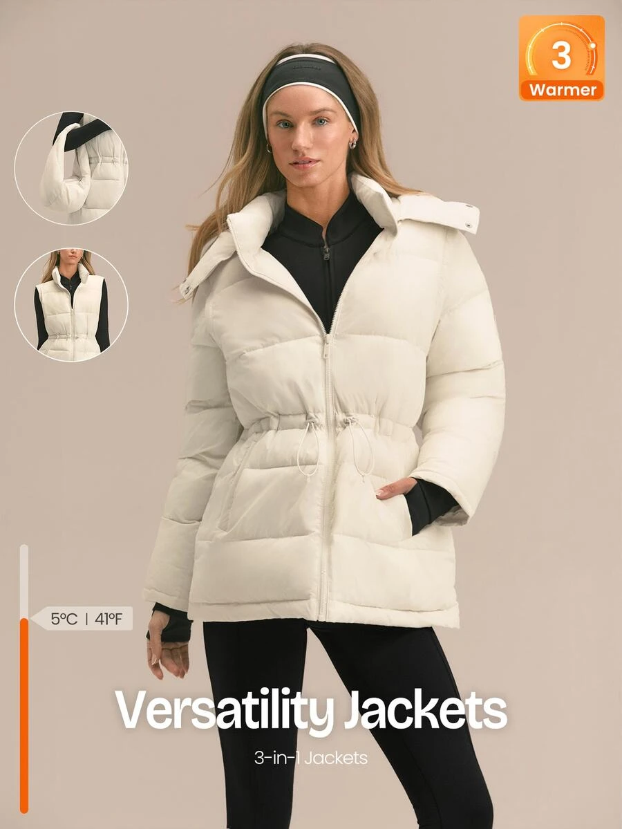 GLOWMODE Snow Day Convertible Puffer Jacket With Detachable Hood & Sleeves, Hood-To-Bag Design & Thumbhole Cuffs Fall Winter Outdoor Wear - Pearl White - View 1