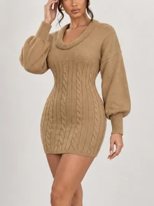 Omancia Women's Designer Asymmetrical Neckline Knit Sweater Dress - Camel - View 5