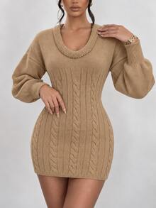 Omancia Women's Designer Asymmetrical Neckline Knit Sweater Dress - Camel - View 6
