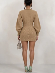 Omancia Women's Designer Asymmetrical Neckline Knit Sweater Dress - Camel - View 2