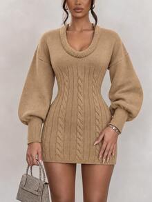 Omancia Women's Designer Asymmetrical Neckline Knit Sweater Dress - Camel - View 1