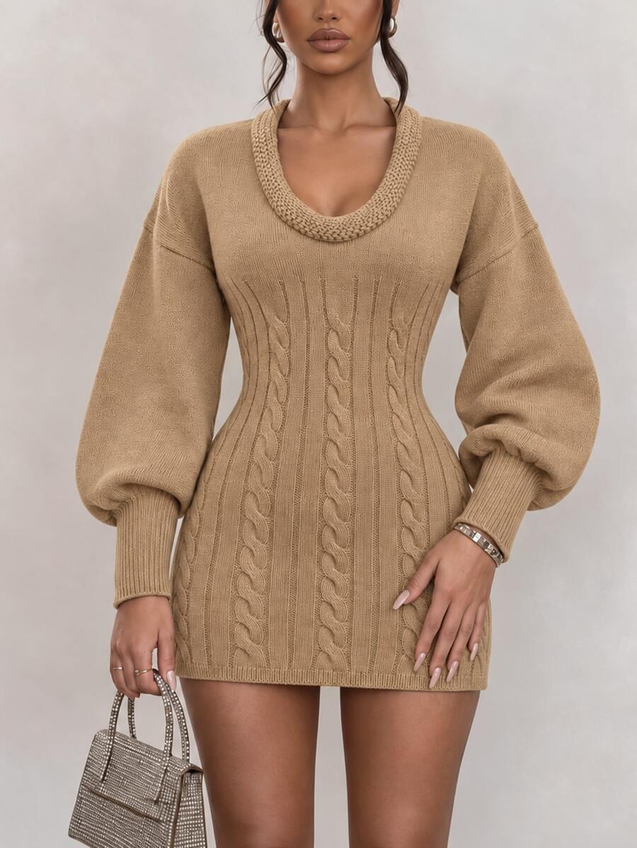 Omancia Women's Designer Asymmetrical Neckline Knit Sweater Dress - Camel - View 1