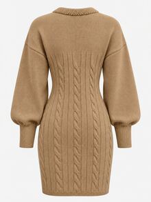 Omancia Women's Designer Asymmetrical Neckline Knit Sweater Dress - Camel - View 7