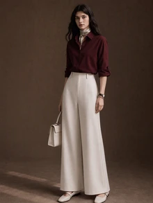 SHEIN Franclia 女士纯色长袖衬衫和阔腿裤休闲套装 - 酒紅色 - 查看 3