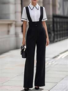 RosyDaze Button Design Wide Leg Overall Jumpsuit Office Black Summer Business Casual Elegant - Black - View 6