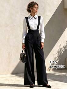 RosyDaze Button Design Wide Leg Overall Jumpsuit Office Black Summer Business Casual Elegant - Black - View 1