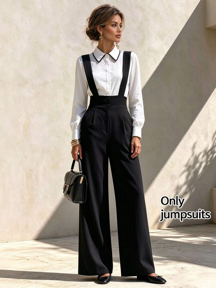 RosyDaze Button Design Wide Leg Overall Jumpsuit Office Black Summer Business Casual Elegant - Black - View 1