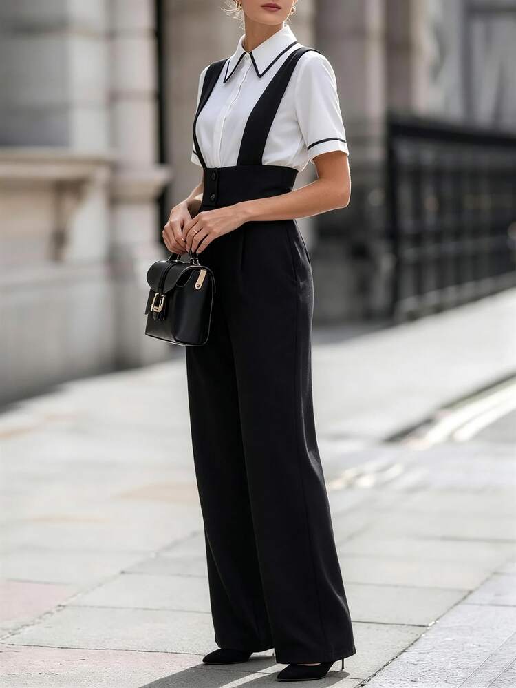 RosyDaze Button Design Wide Leg Overall Jumpsuit Office Black Summer Business Casual Elegant - Black - View 7