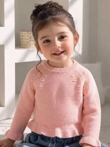 SHEIN Baby Girls Sweaters, Fashionable Round Neck Sweater, Fall Thick Chunky Knit, Christmas Strawberry Pattern Jacquard Pullover, Light Pink Fairy - Pink - View 1
