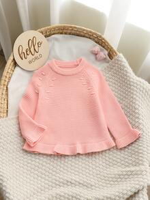 SHEIN Baby Girls Sweaters, Fashionable Round Neck Sweater, Fall Thick Chunky Knit, Christmas Strawberry Pattern Jacquard Pullover, Light Pink Fairy - Pink - View 7