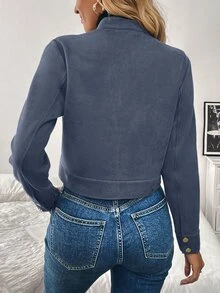 SHEIN LUNE 女款秋冬大口袋金屬鈕扣短版軍綠色夾克 - 霧霾藍 - 查看 2