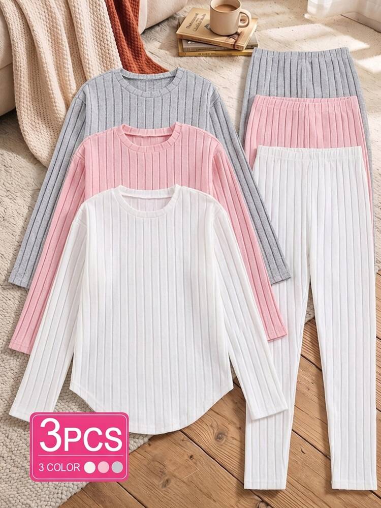 SHEIN Tween Girls Ribbed Knit T-Shirt & Long Pants 3-Piece Set 6pcs Casual Solid Color Long Sleeve Crew Neck Grey, Pink, White Three-Color Matching Outfit - Multicolor - View 8