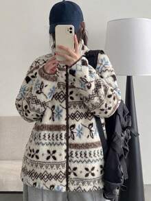 K-Vae Women's Vintage Fair Isle Jacquard Lamb Wool Fleece Jacket, Thickened Nordic Style Zipper Fleece Coat For Winter - Multicolor - View 5