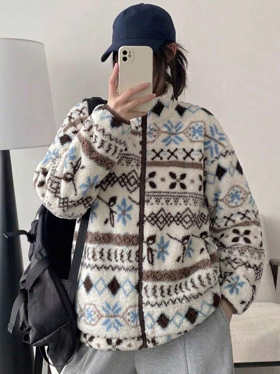 K-Vae Women's Vintage Fair Isle Jacquard Lamb Wool Fleece Jacket, Thickened Nordic Style Zipper Fleece Coat For Winter - Multicolor - View 1