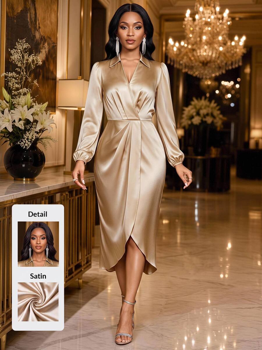 Fleurora Women's French Style Elegant Gentle Satin Split Hem Dress Wedding Party Night Bar Party Champagne Autumn - Apricot - View 1