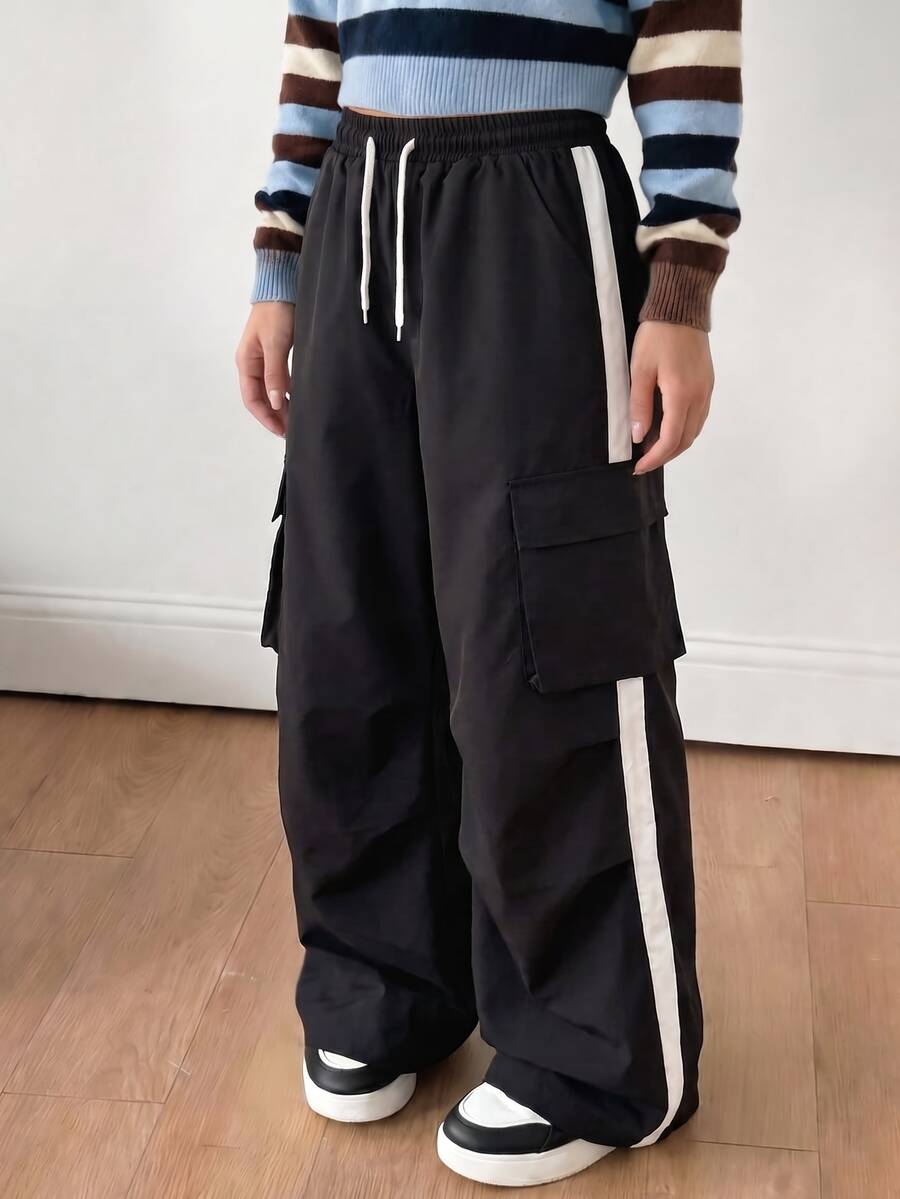 SHEIN 青少年女孩抽繩腰拼色休閒可愛寬鬆日常穿著工裝褲 海灘 2027年畢業生 游泳 黑色 秋季 - 黑色 - 查看 1