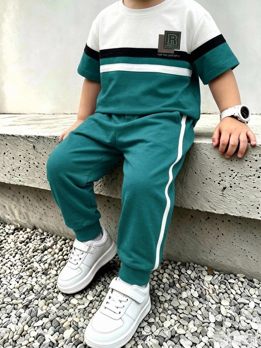 Young Boy Autumn New Casual Minimalist Loose Comfortable Sporty Style Crew Neck Short Sleeve & Long Pants 2 Pieces Set Kids - Multicolor - View 1
