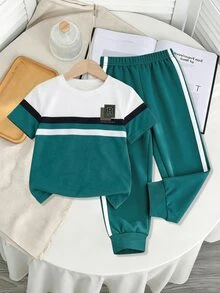 Young Boy Autumn New Casual Minimalist Loose Comfortable Sporty Style Crew Neck Short Sleeve & Long Pants 2 Pieces Set Kids - Multicolor - View 4