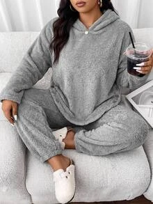 SHEIN CURVE+ Plus Size Women Solid Color Hooded Sweatshirt And Long Pants Casual Fleece Two Pieces Set Winter - Light Grey - View 10