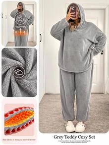SHEIN CURVE+ Plus Size Women Solid Color Hooded Sweatshirt And Long Pants Casual Fleece Two Pieces Set Winter - Light Grey - View 9